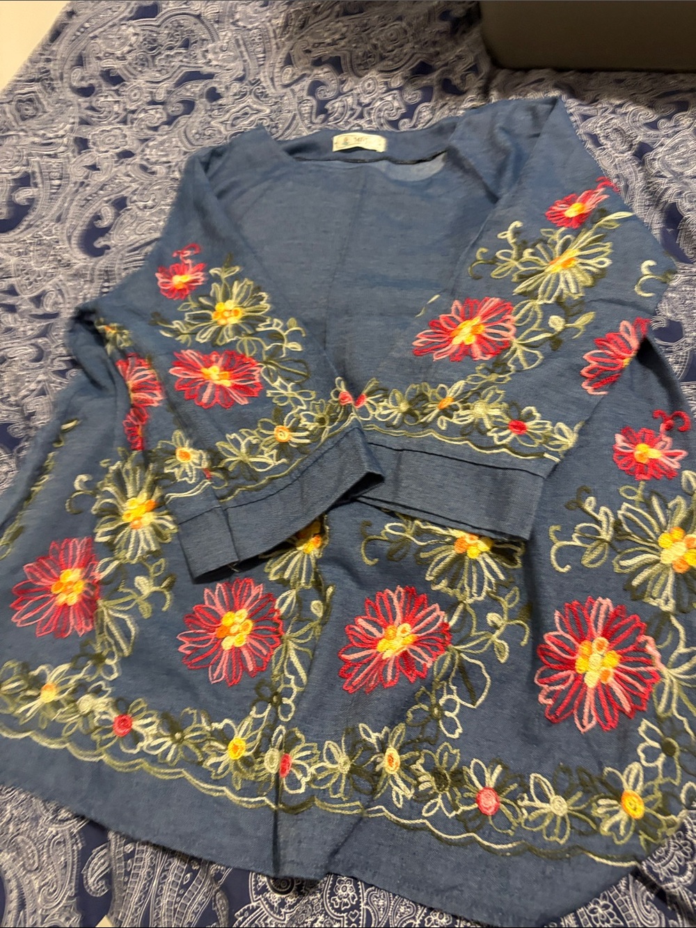 Embroidered Floral Open Cardigan - Blue